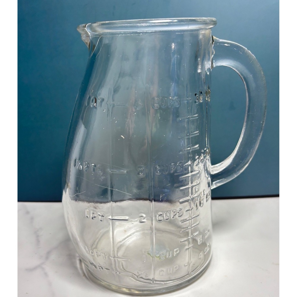 Vintage Clear Glass Pot Belly Measuring Pitcher 1 Quart 32oz Jug Spout